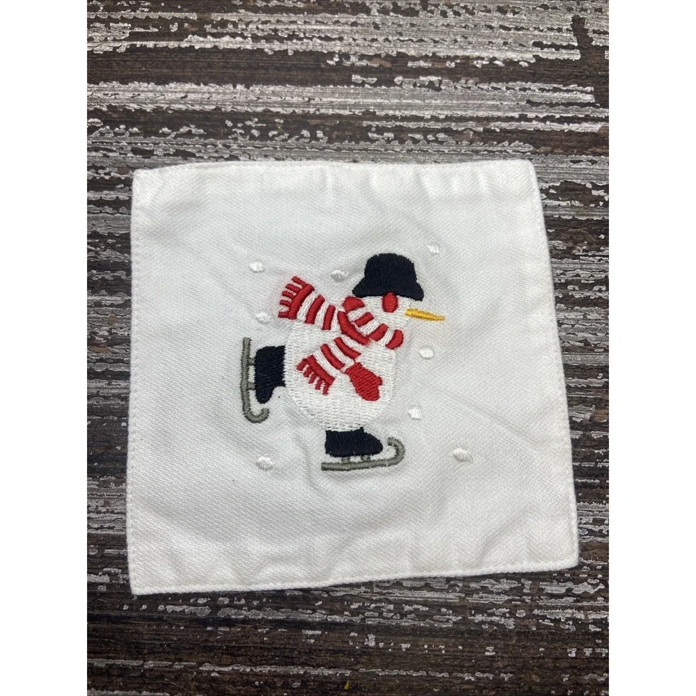 Crate and barrel Embroidered Holiday Skating Snowman Linen Coasters New Set Of 8